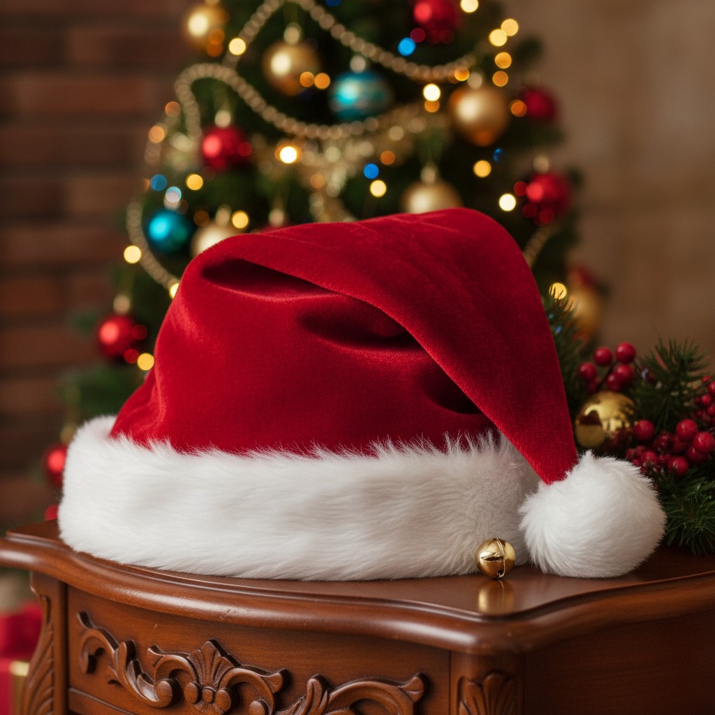 A red and white Santa hat with a bell sits on a wooden table, in front of a beautifully decorated Christmas tree with gold...