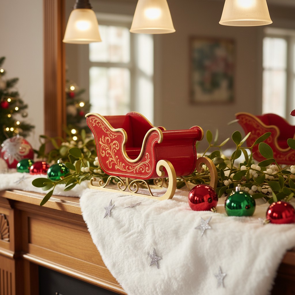 Decorative holiday sleigh on mantle, surrounded by greenery and red and green ornaments.